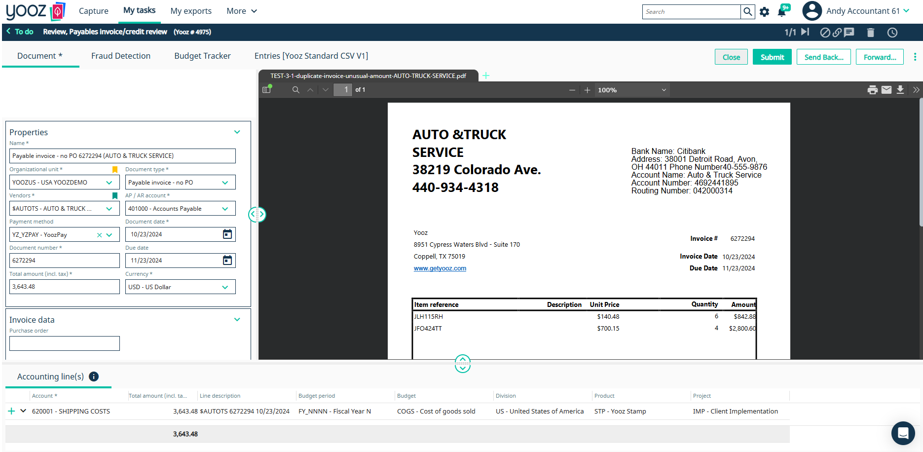 AI data extraction from an invoice in Yooz